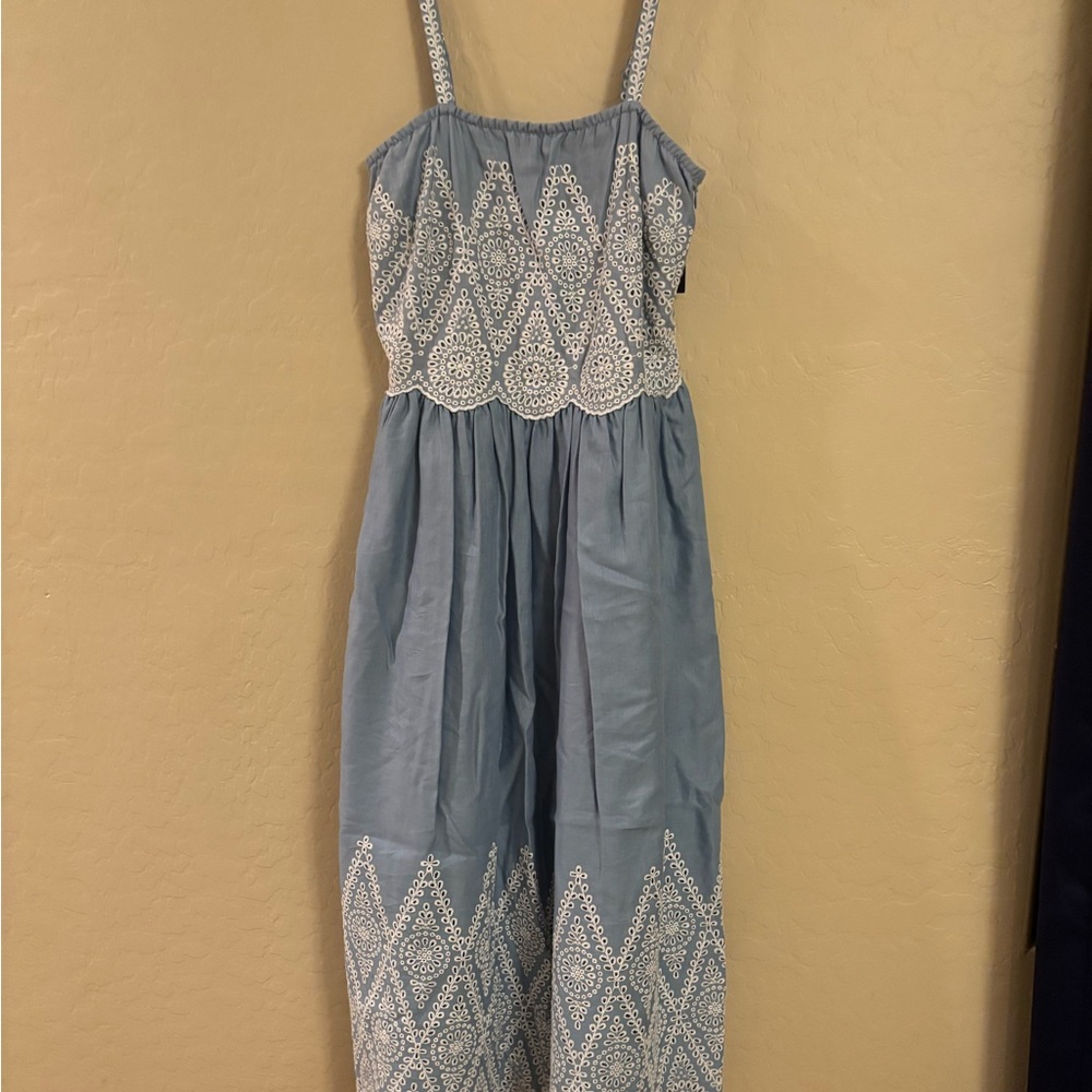 Elie Tahari Blue and White Embroidered Midi Dress